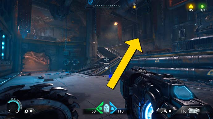 The player in Doom: The Dark Ages walks towards two sets of stairs an in interior complex in Chapter 2.