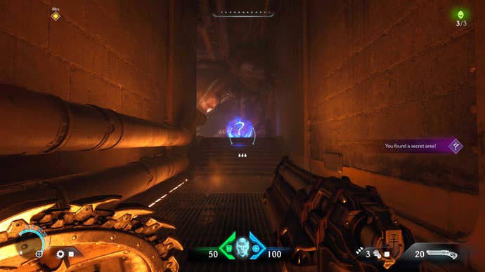 The player in Doom: The Dark Ages walks down a secret area towards a glowing blue collectible pickup in Chapter 2.