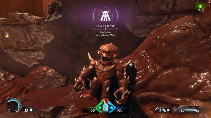 The player in Doom: The Dark Ages picks up and inspects an Imp Stalker Demon Toy collectible in Chapter 2.