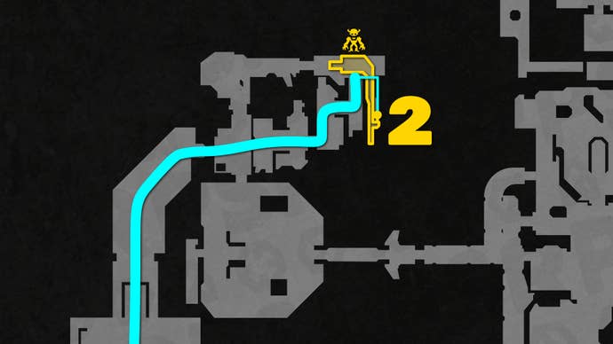 Part of a top-down map of Chapter 2 of Doom: The Dark Ages, focused on the path to the level's 2nd secret.
