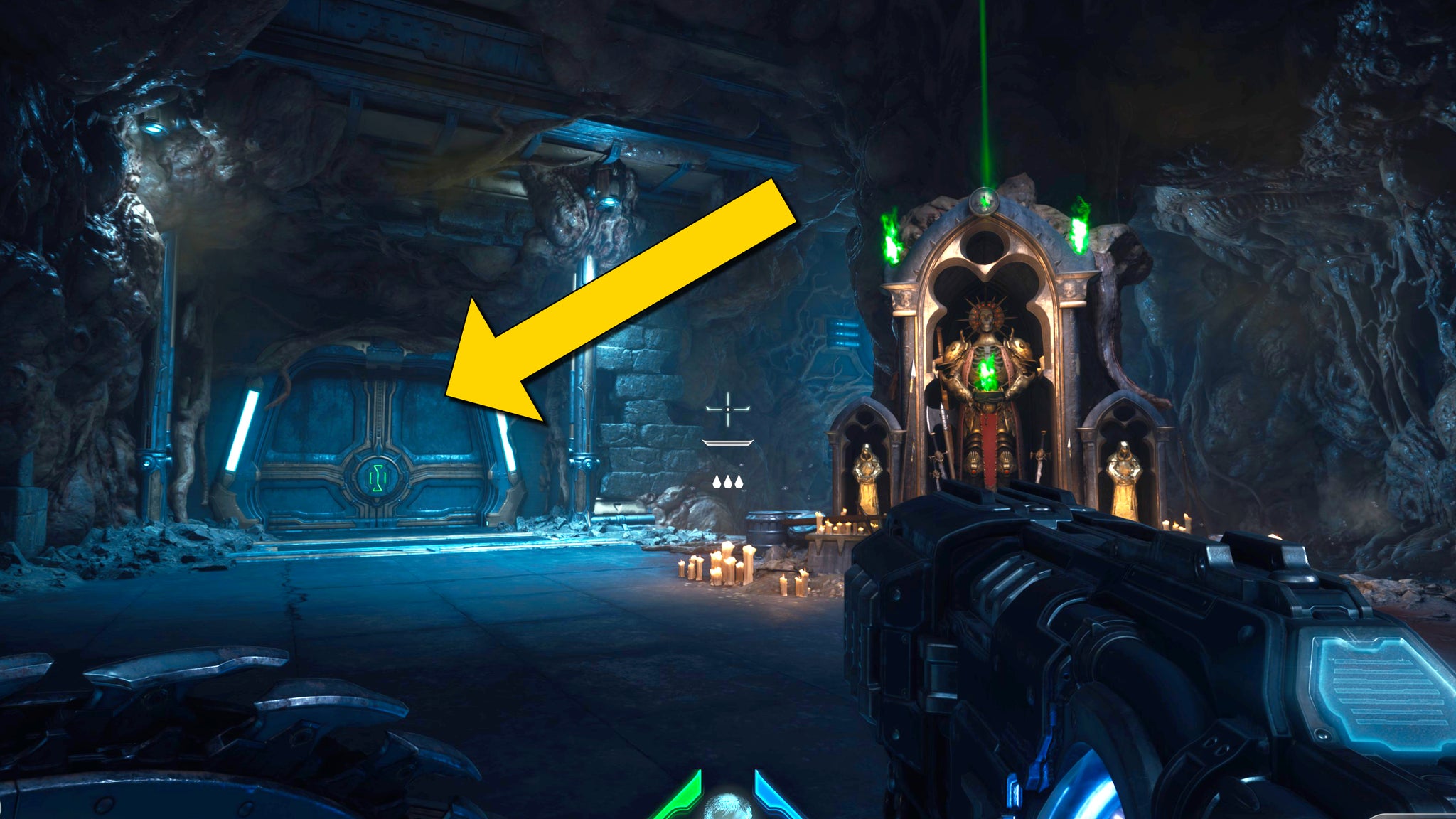 The player in Doom: The Dark Ages walks towards a door near a Sentinel Shrine early on in Chapter 2. - 18