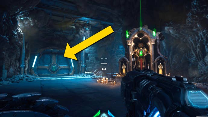 The player in Doom: The Dark Ages walks towards a door near a Sentinel Shrine early on in Chapter 2.