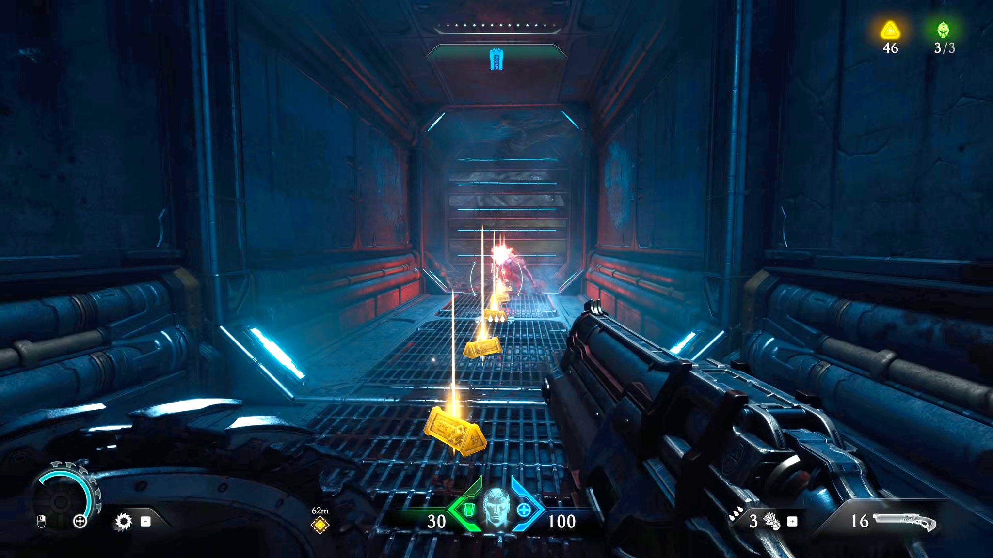 The player in Doom: The Dark Ages fights a demon Stone Imp inside a vent shaft littered with Gold pickups in Chapter 2. - 21