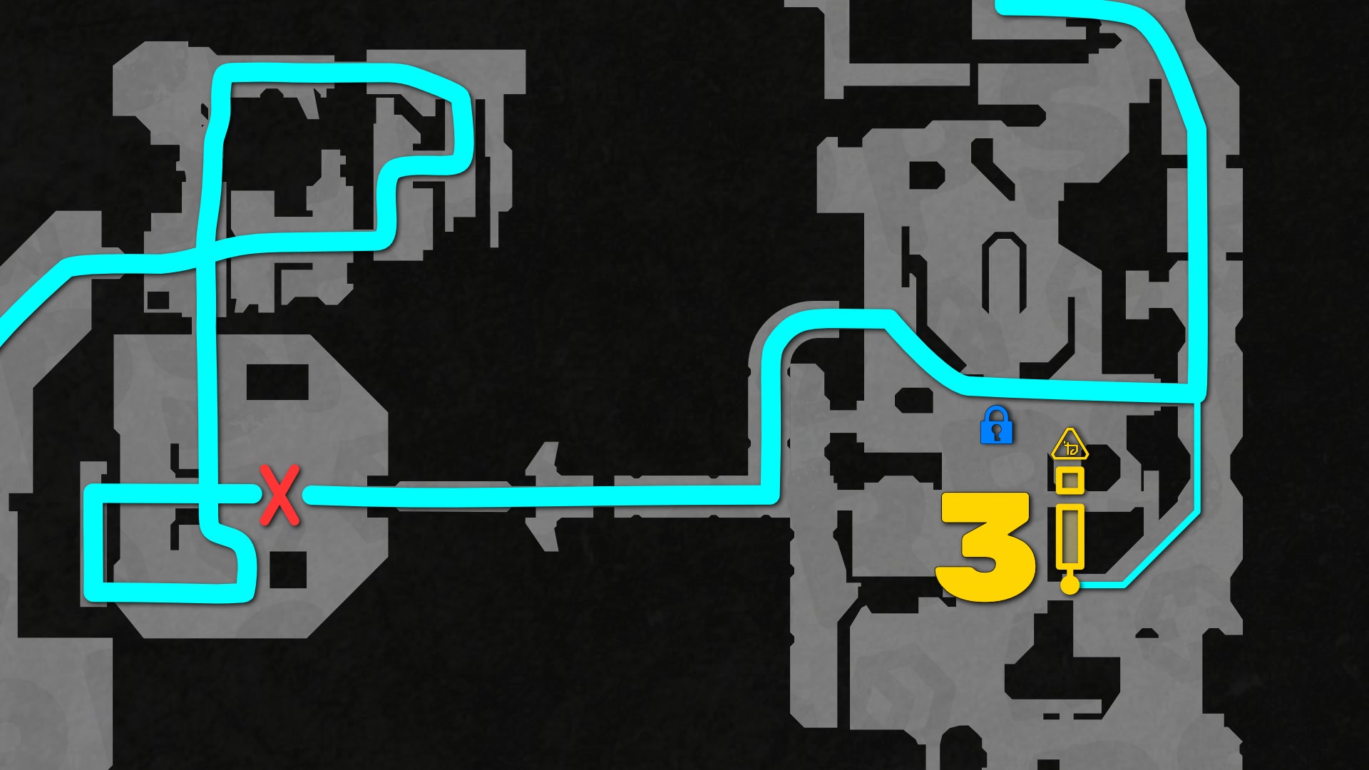 Part of a top-down map of Chapter 2 of Doom: The Dark Ages, focused on the path to the level's 3rd secret. - 17