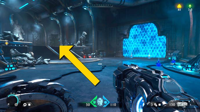 The player in Doom: The Dark Ages stands in a room in Chapter 2 with a large glowing blue forcefield in one area. A yellow arrow points towards a hole in the wall nearby.