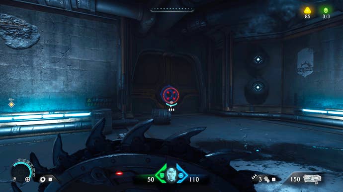 The player in Doom: The Dark Ages aims a Shield Charge towards a breakable metal door guarding a secret area partway through Chapter 2.