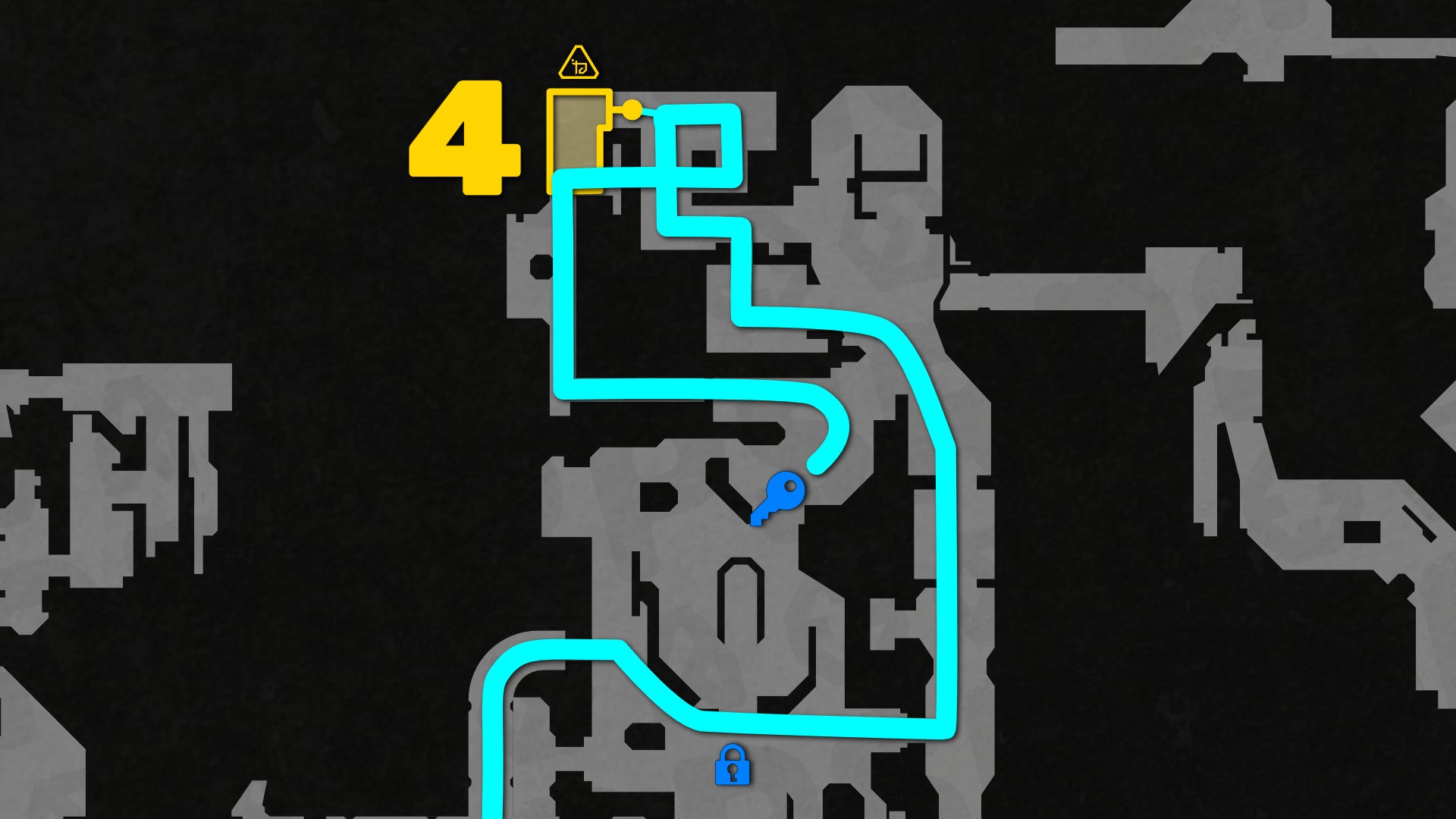 Part of a top-down map of Chapter 2 of Doom: The Dark Ages, focused on the path to the level's 4th secret. - 22