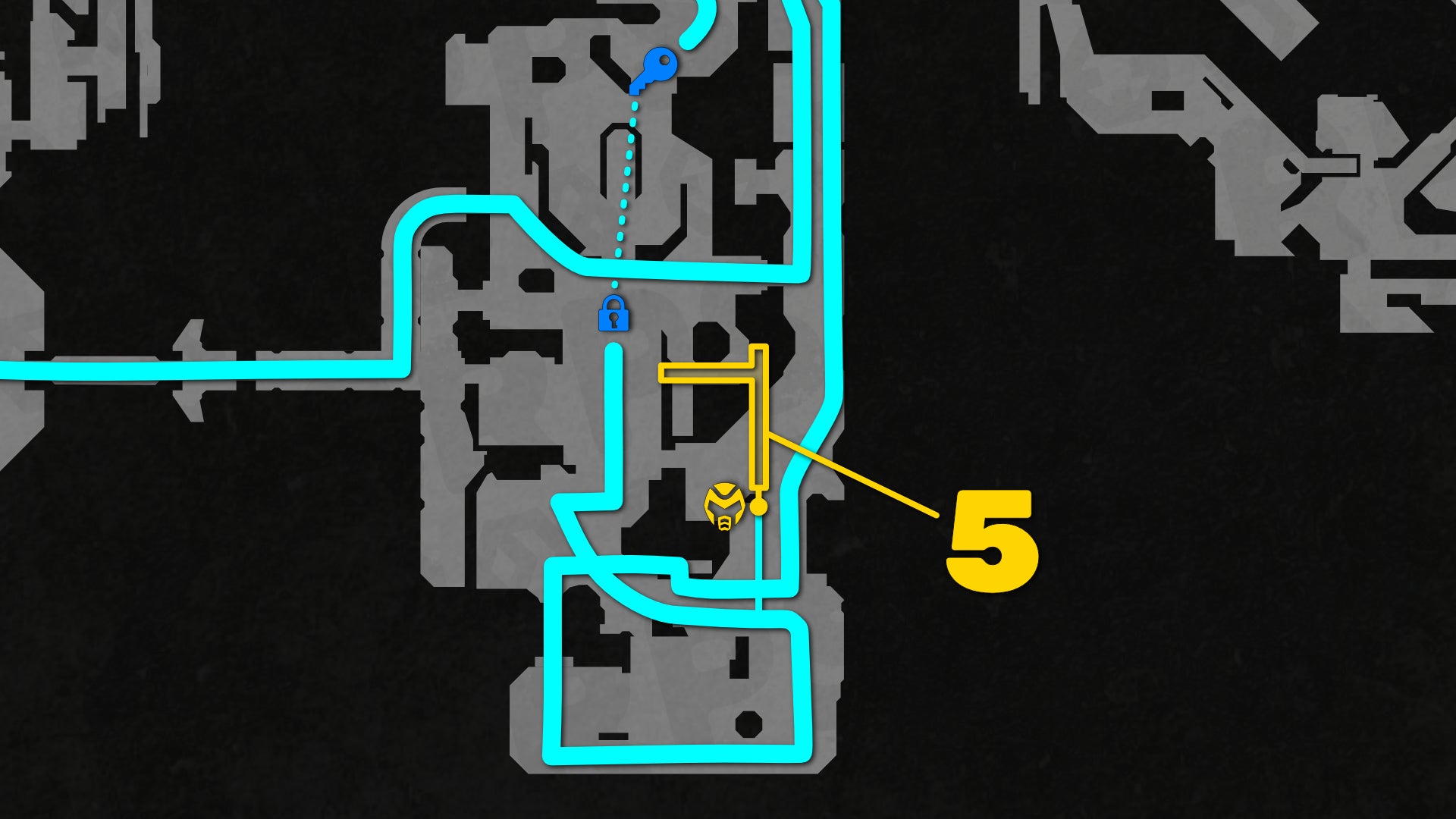 Part of a top-down map of Chapter 2 of Doom: The Dark Ages, focused on the path to the level's 5th secret. - 25