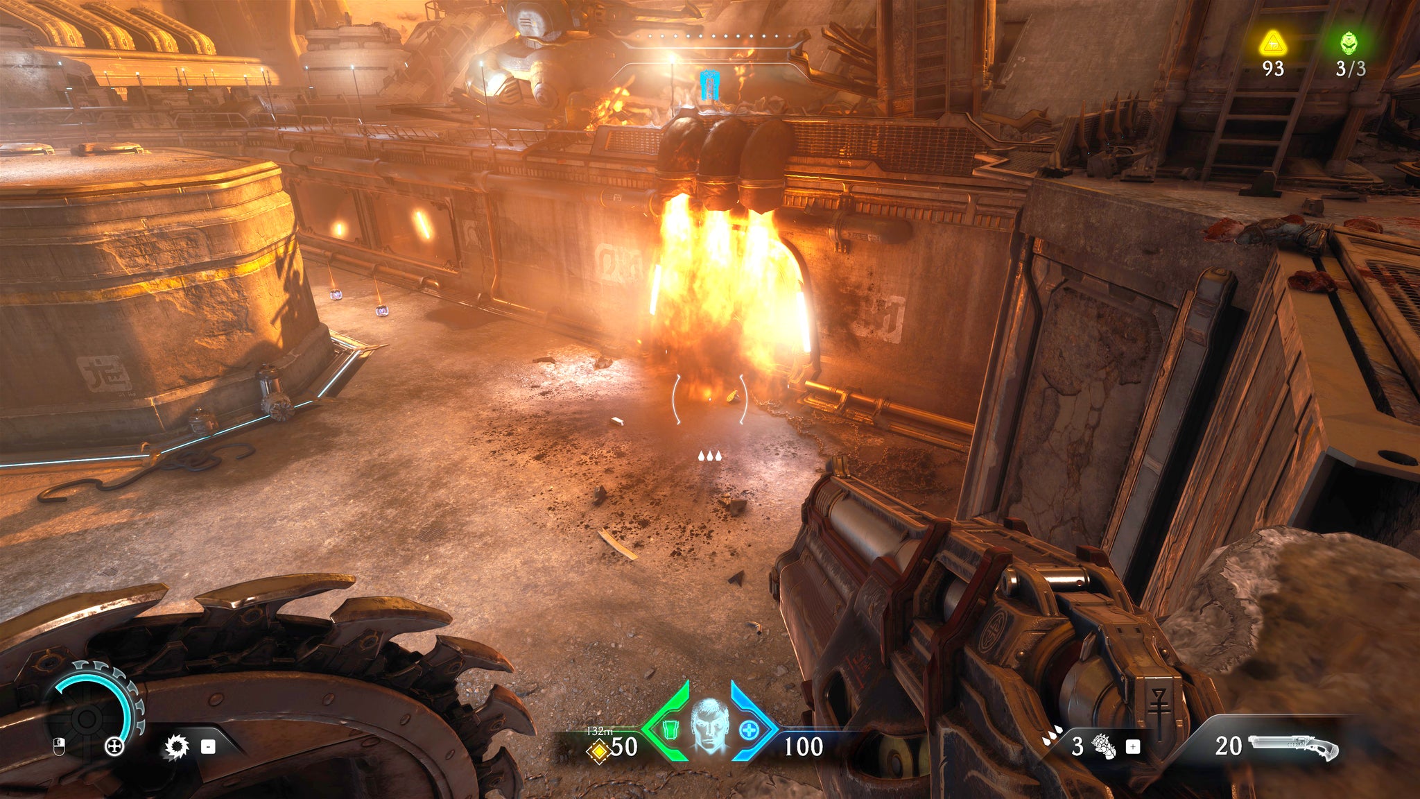 The player in Doom: The Dark Ages stands on a raised ledge outdoors in Chapter 2, and looks down towards a doorway covered in flames which houses a secret area. - 29