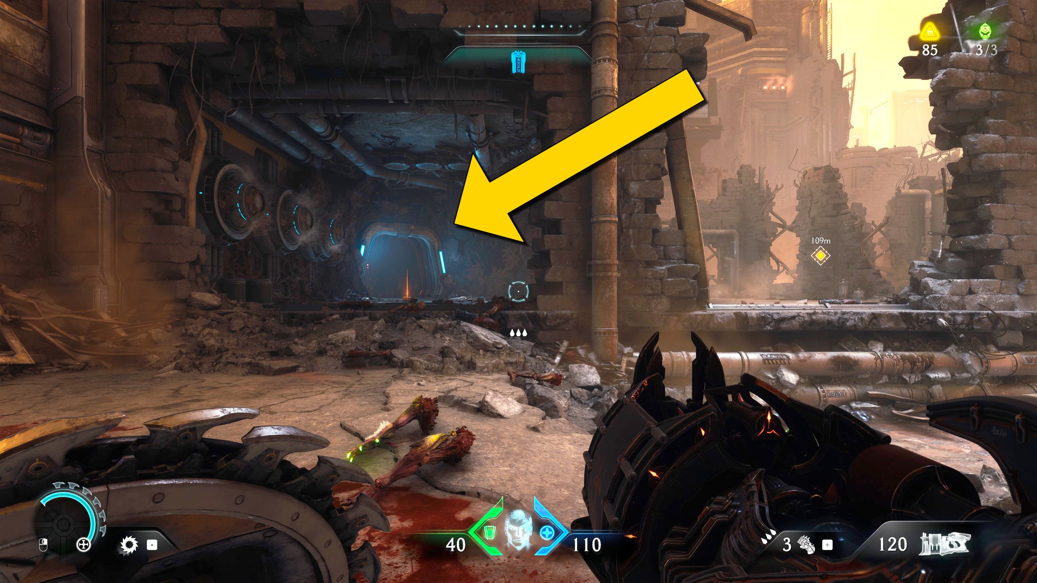 The player in Doom: The Dark Ages walks towards an open doorway outdoors after a fight towards the end of Chapter 2. - 34