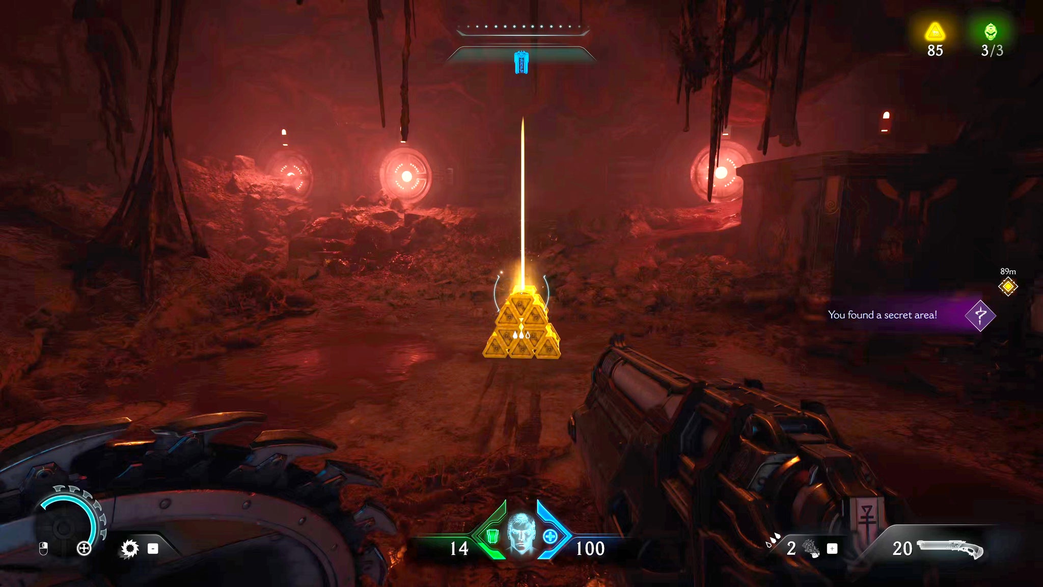 The player in Doom: The Dark Ages enters a small, dimly lit secret room in Chapter 2 and walks towards a large Gold pickup in the centre of the floor. - 35