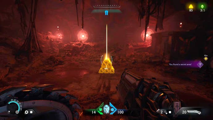 The player in Doom: The Dark Ages enters a small, dimly lit secret room in Chapter 2 and walks towards a large Gold pickup in the centre of the floor.