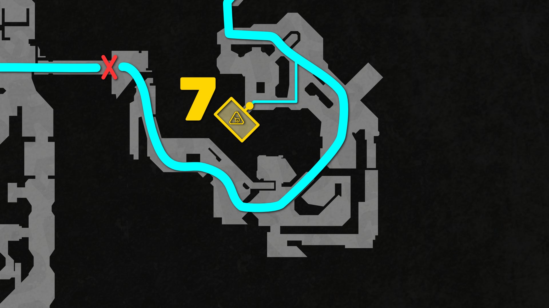 Part of a top-down map of Chapter 2 of Doom: The Dark Ages, focused on the path to the level's 7th secret. - 33