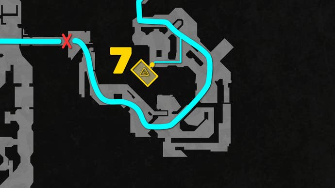 Part of a top-down map of Chapter 2 of Doom: The Dark Ages, focused on the path to the level's 7th secret.