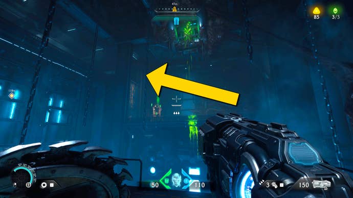 The player in Doom: The Dark Ages stands on a ledge indoors across from a Green Flesh Node and a Sentinel Shrine. A yellow arrow points towards an opening above a climbable wall next to the Shrine.
