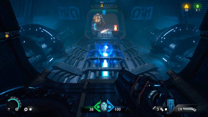 The player in Doom: The Dark Ages prepares to drop down from a ventilation shaft into a small room containing a collectible pickup. In the room ahead is a number of hostile demons preparing to fight the player.