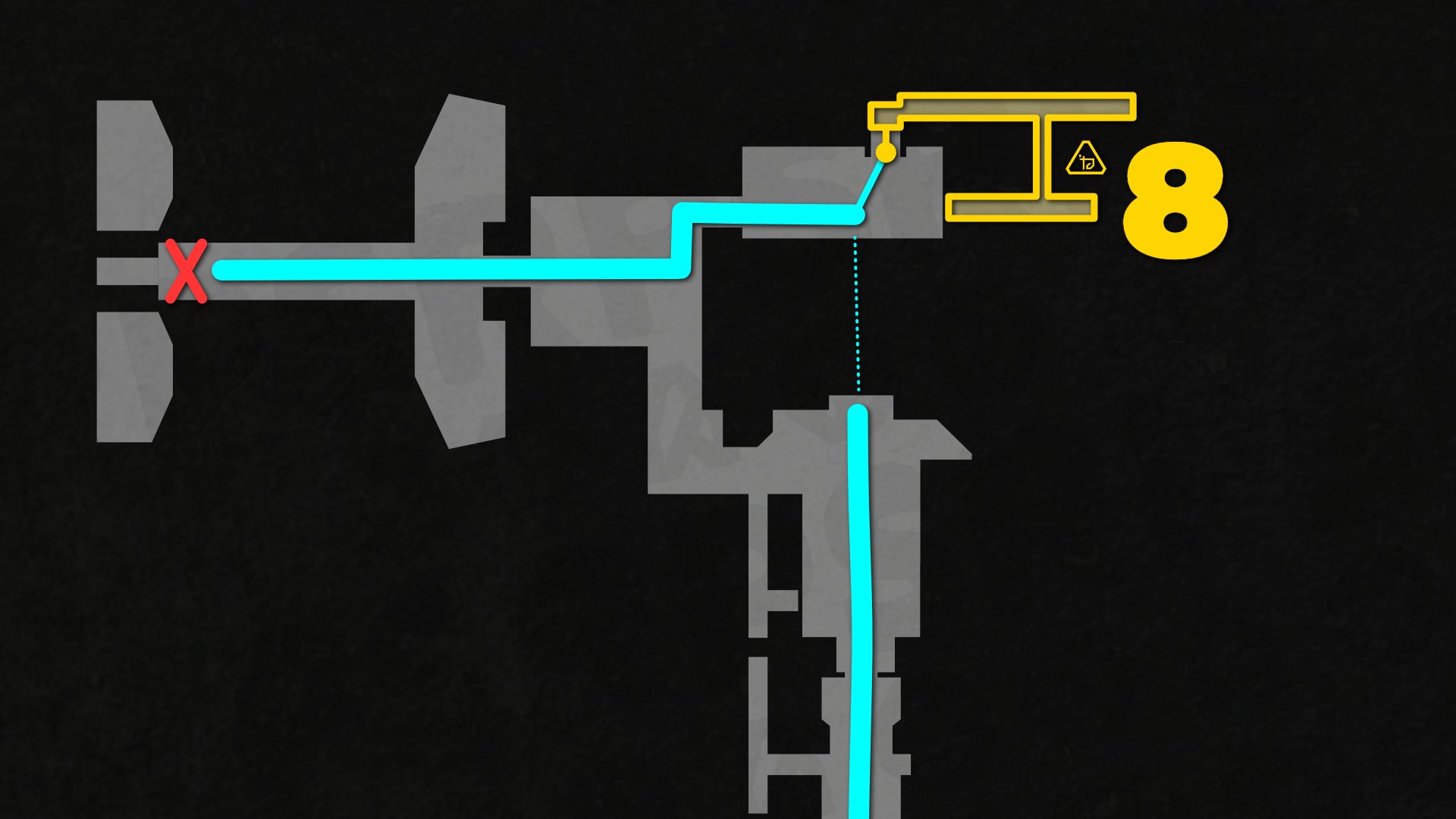 Part of a top-down map of Chapter 2 of Doom: The Dark Ages, focused on the path to the level's 8th secret. - 36