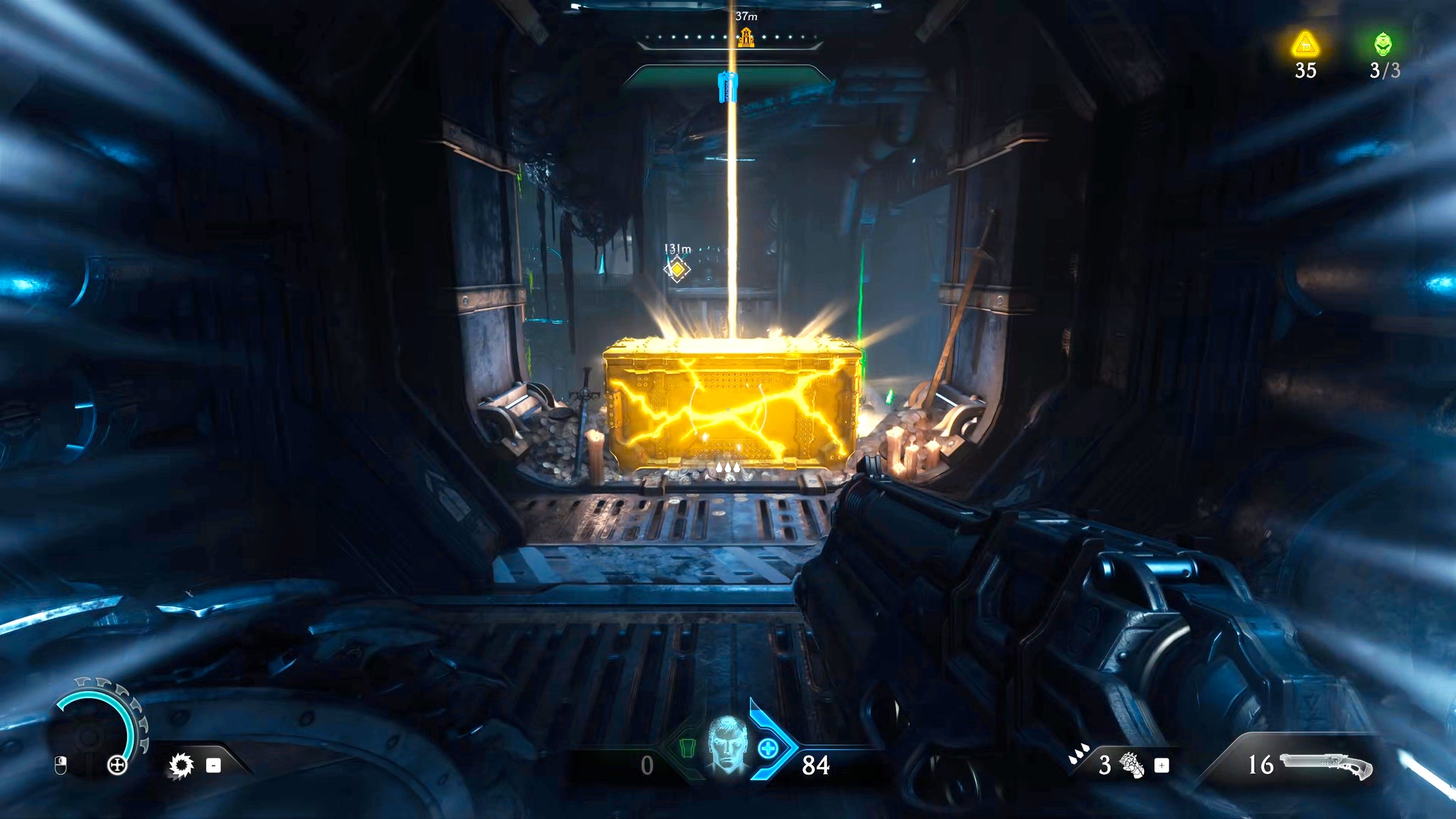 The player in Doom: The Dark Ages walks down a secret area's vent shaft in Chapter 2, and towards a large Gold pickup at the end of the walkway. - 38