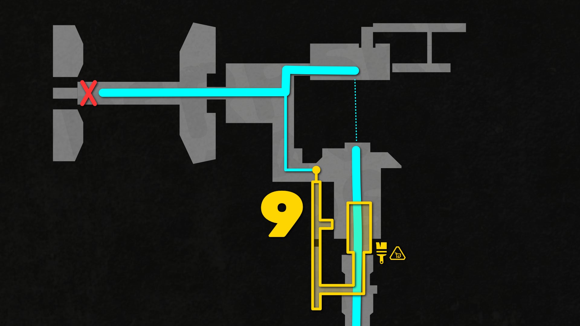 Part of a top-down map of Chapter 2 of Doom: The Dark Ages, focused on the path to the level's 9th secret. - 39