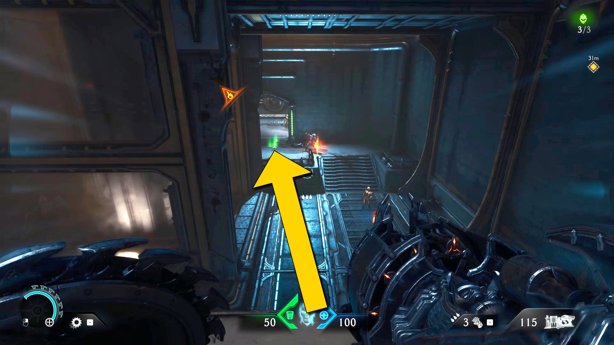 The player in Doom: The Dark Ages stands on a raised platform in a room in Chapter 2, and looks down at a lower platform where several demons are attempting to attack them. - 13