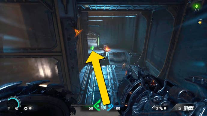 The player in Doom: The Dark Ages stands on a raised platform in a room in Chapter 2, and looks down at a lower platform where several demons are attempting to attack them.