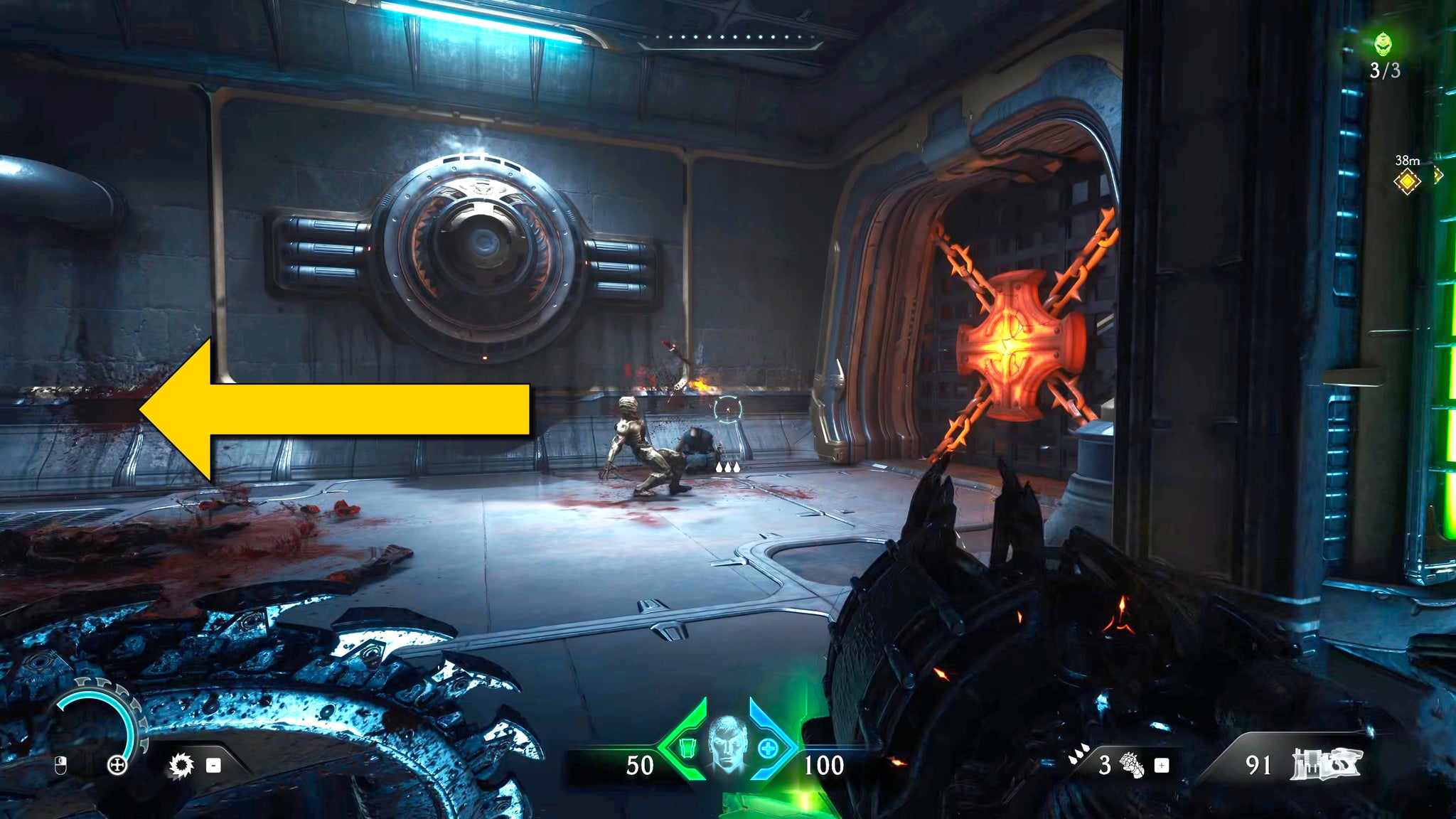 The player in Doom: The Dark Ages stands at a T-junction in an industrial complex in Chapter 2. On the right is a door barred by superheated metal chains. A yellow arrow points towards the left. - 14