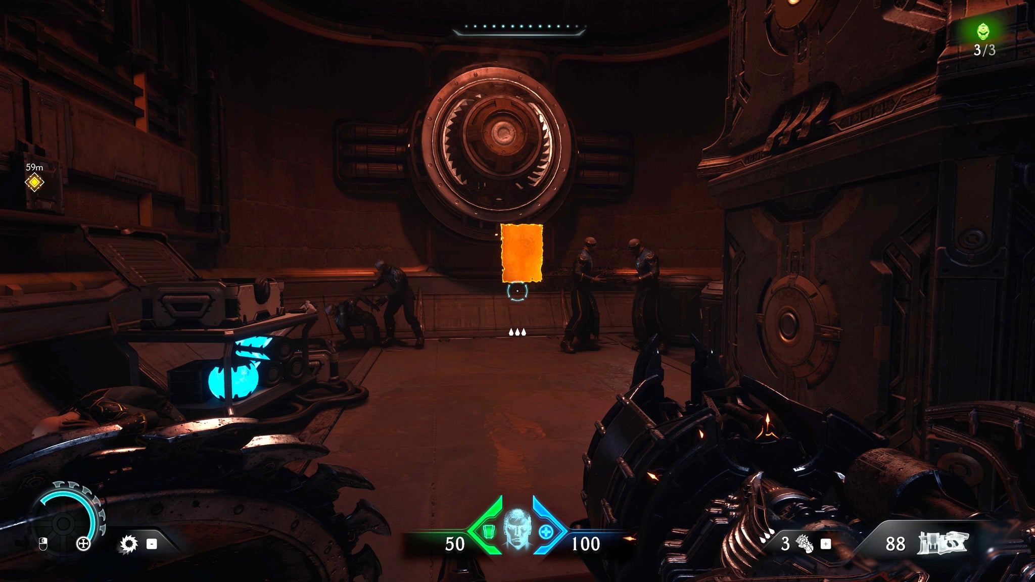 The player in Doom: The Dark Ages walks towards a Codex collectible pickup in a hidden area in Chapter 2. - 16