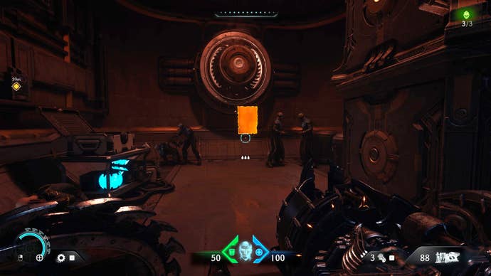 The player in Doom: The Dark Ages walks towards a Codex collectible pickup in a hidden area in Chapter 2.