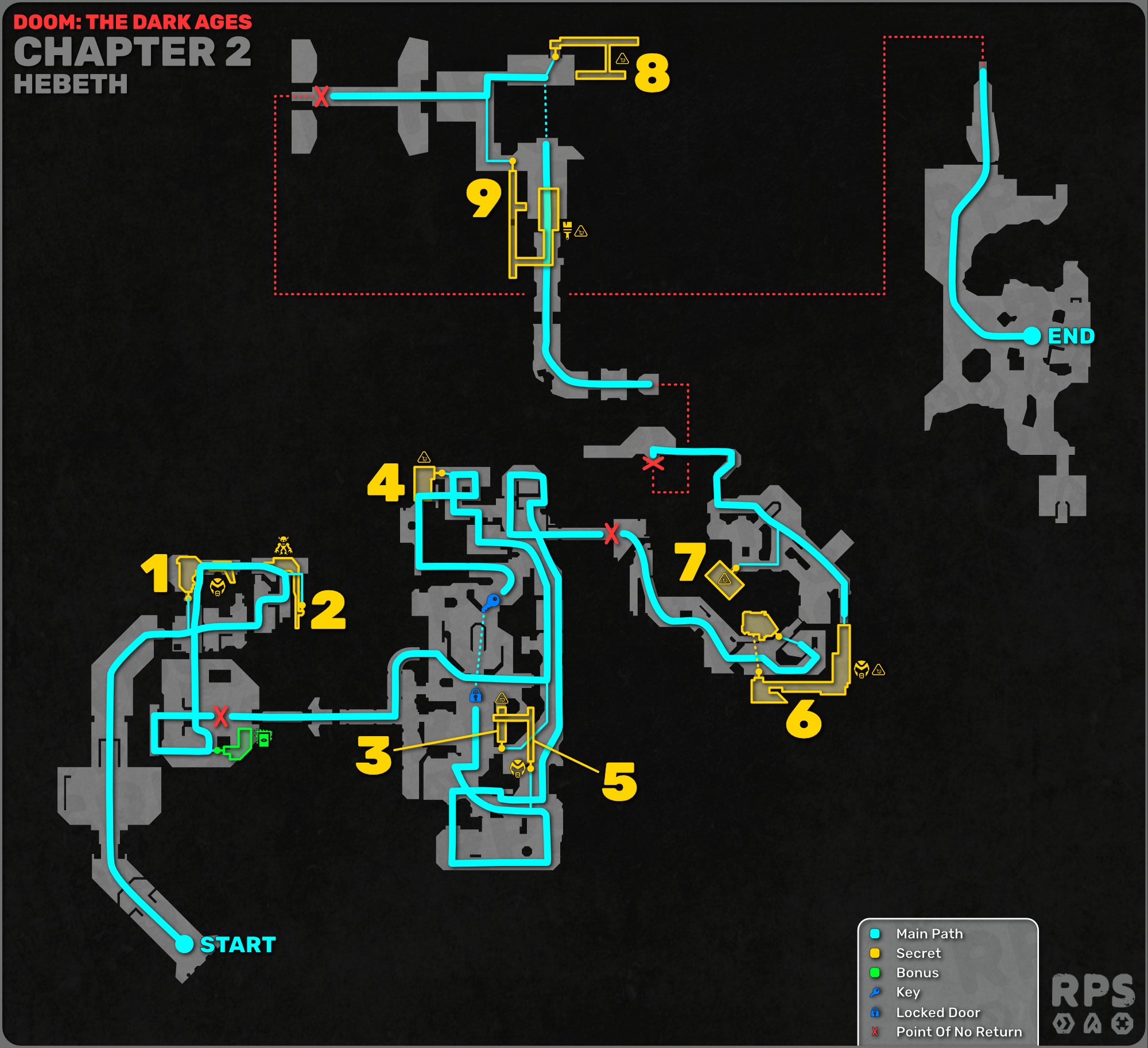 A top-down map of Hebeth, Chapter 2 of Doom: The Dark Ages, with the main path marked in blue, the secret areas in yellow, bonus hidden areas in green, and points of no return in red. - 5