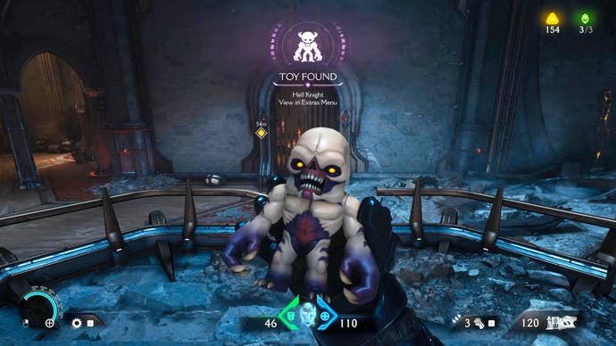 The player in Doom: The Dark Ages picks up and inspects a Hell Knight toy collectible inside a secret area near the start of Chapter 4.