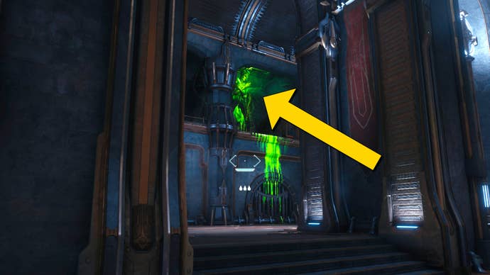 The player in Doom: The Dark Ages looks through a doorway towards a Green Flesh Node on an upper balcony platform in an interior near the start of Chapter 4.