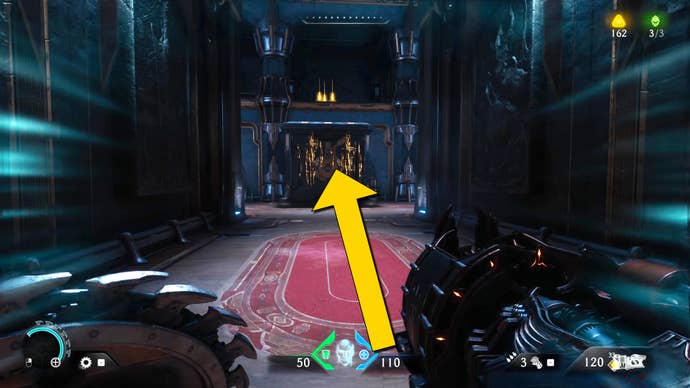 The player in Doom: The Dark Ages heads towards a large cube which can be climbed to reach a secret upper platform in Chapter 4.