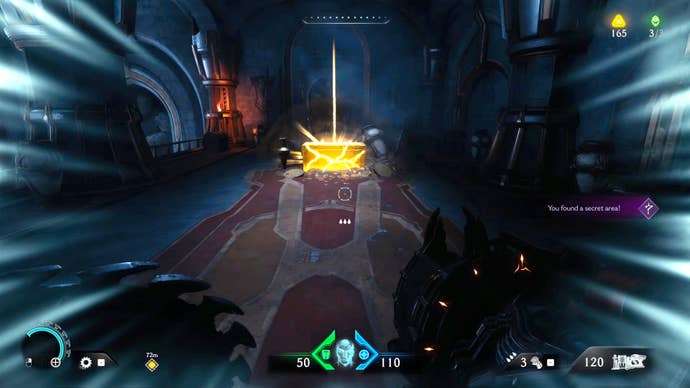 The player in Doom: The Dark Ages sprints towards a large chest of Gold at the end of a secret area near the start of Chapter 4.