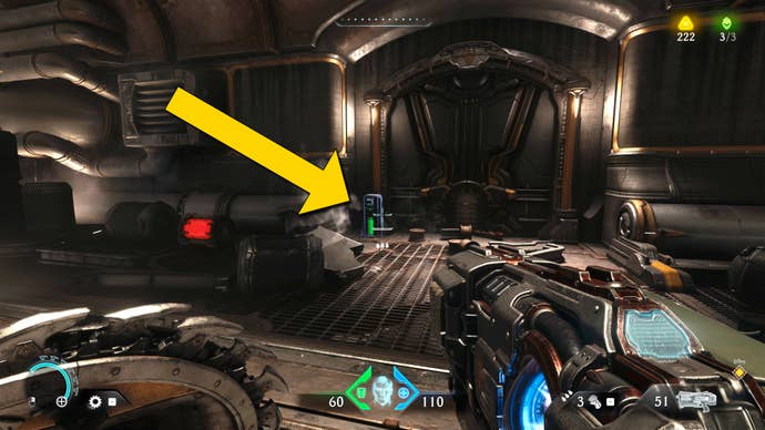 The player in Doom: The Dark Ages approaches a glowing terminal by a door in a corridor partway into Chapter 4.