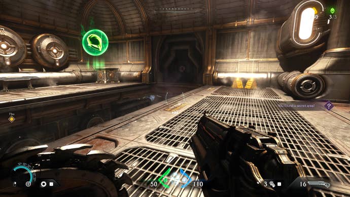 The player in Doom: The Dark Ages reaches the secret upper level of a corridor containing two large gold pickups and a Life Sigil hovering in the centre of the room.