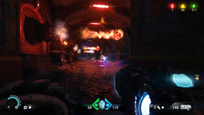 The player in Doom: The Dark Ages fights a small group of demons in a dimly lit corridor where several fiery projectiles are shooting from left to right.
