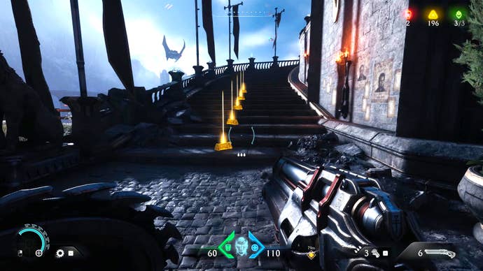 The player in Doom: The Dark Ages heads up a set of curved stairs around the back of a building, lit by several Gold pickups in a line going up the steps.