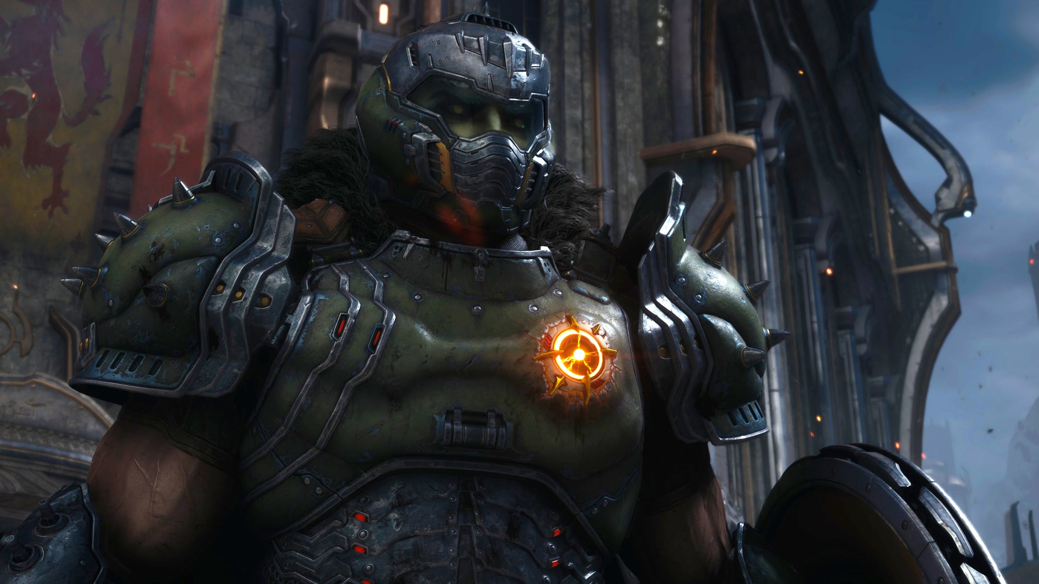 A shot of the upper half of the Slayer, the protagonist of Doom: The Dark Ages, standing outside in the night with his back to a cathedral-like building. - 1