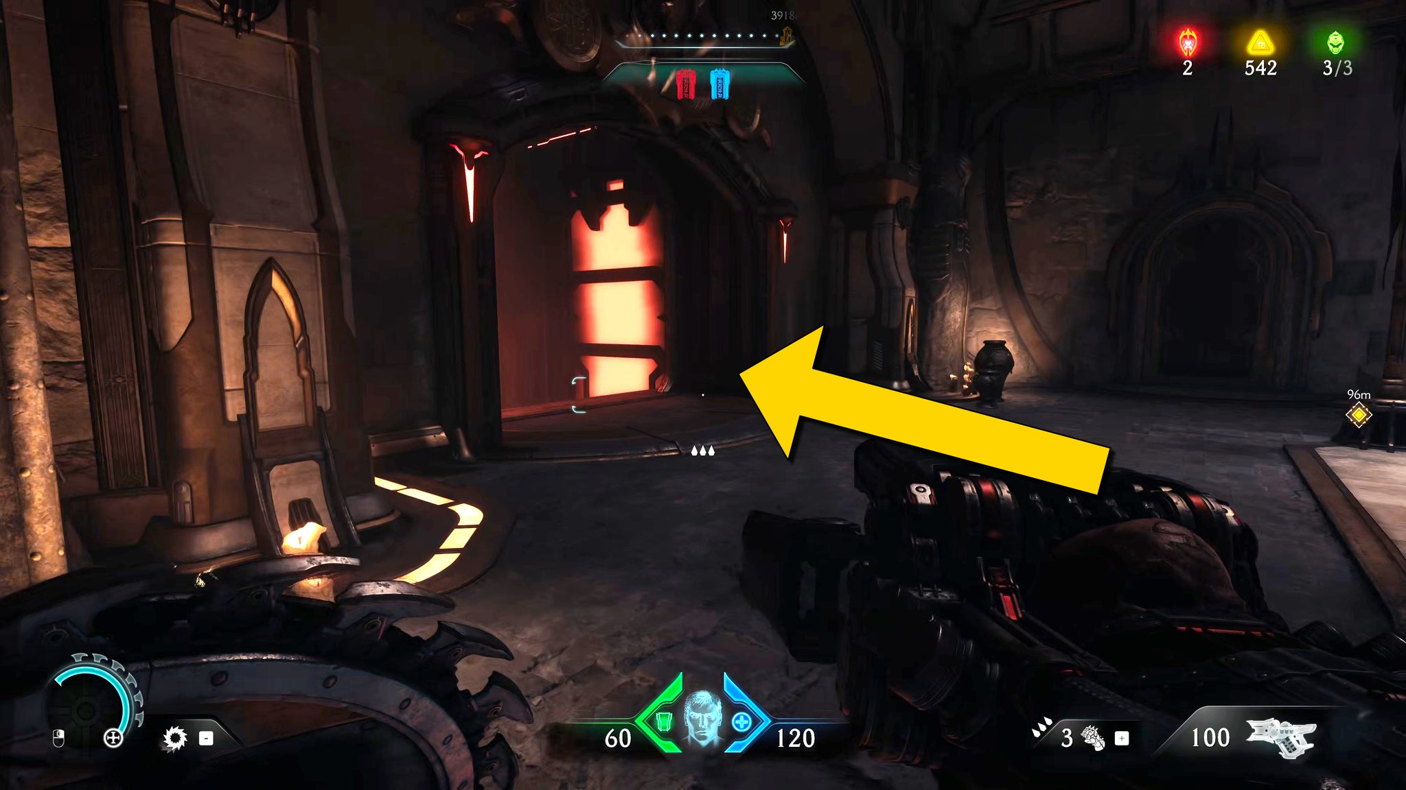 The player in Doom: The Dark Ages heads through a building interior and towards an open doorway that leads to an open elevator shaft in Chapter 5. - 35