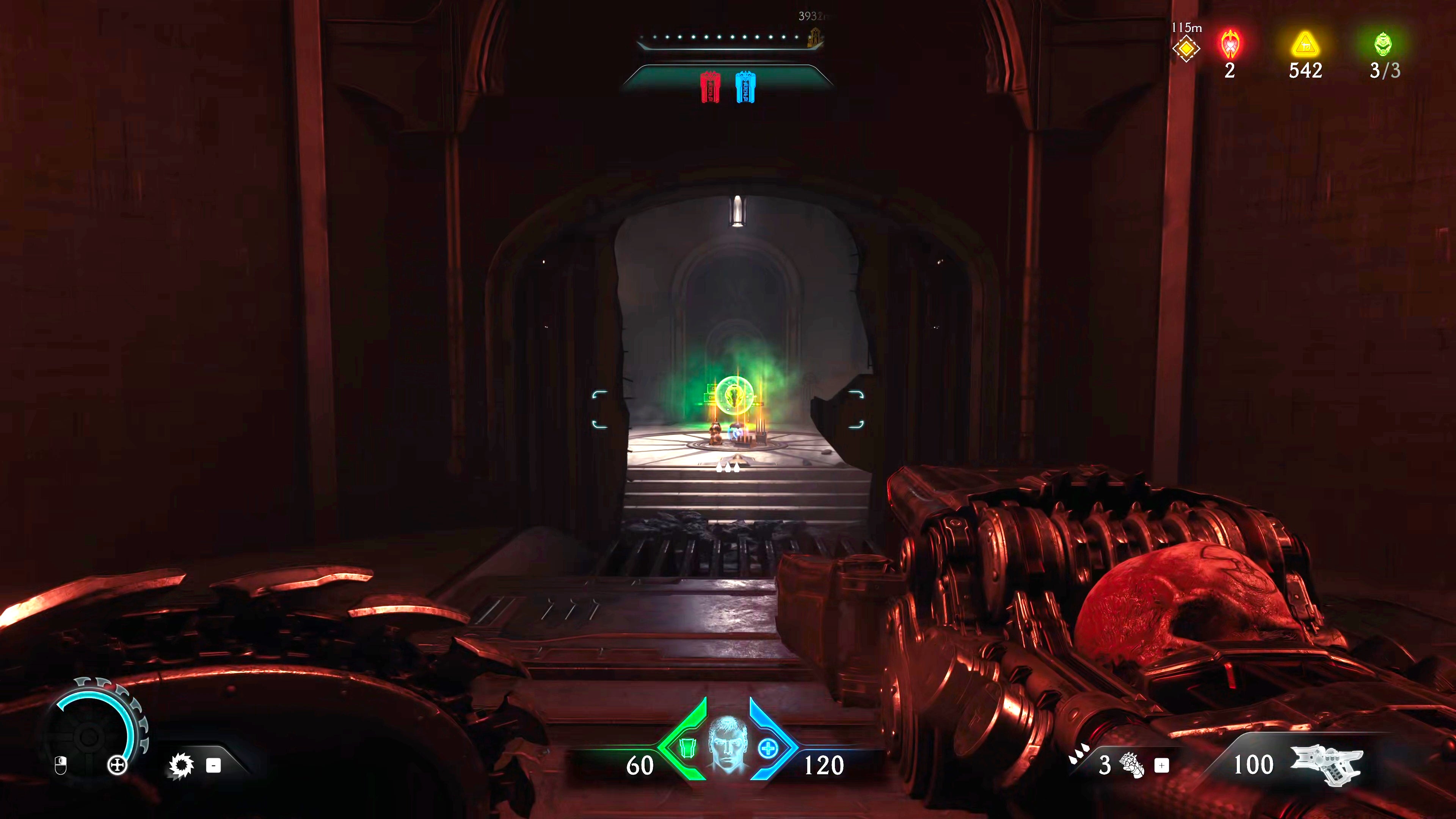 The player in Doom: The Dark Ages walks towards a small circular room containing a few floor ammo pickups and a Life Sigil in Chapter 5. - 36