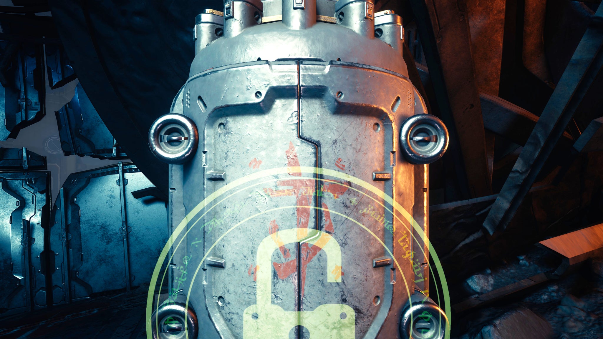 The player in Doom: The Dark Ages opens a metal container to unlock a brand new weapon in Chapter 5. - 43