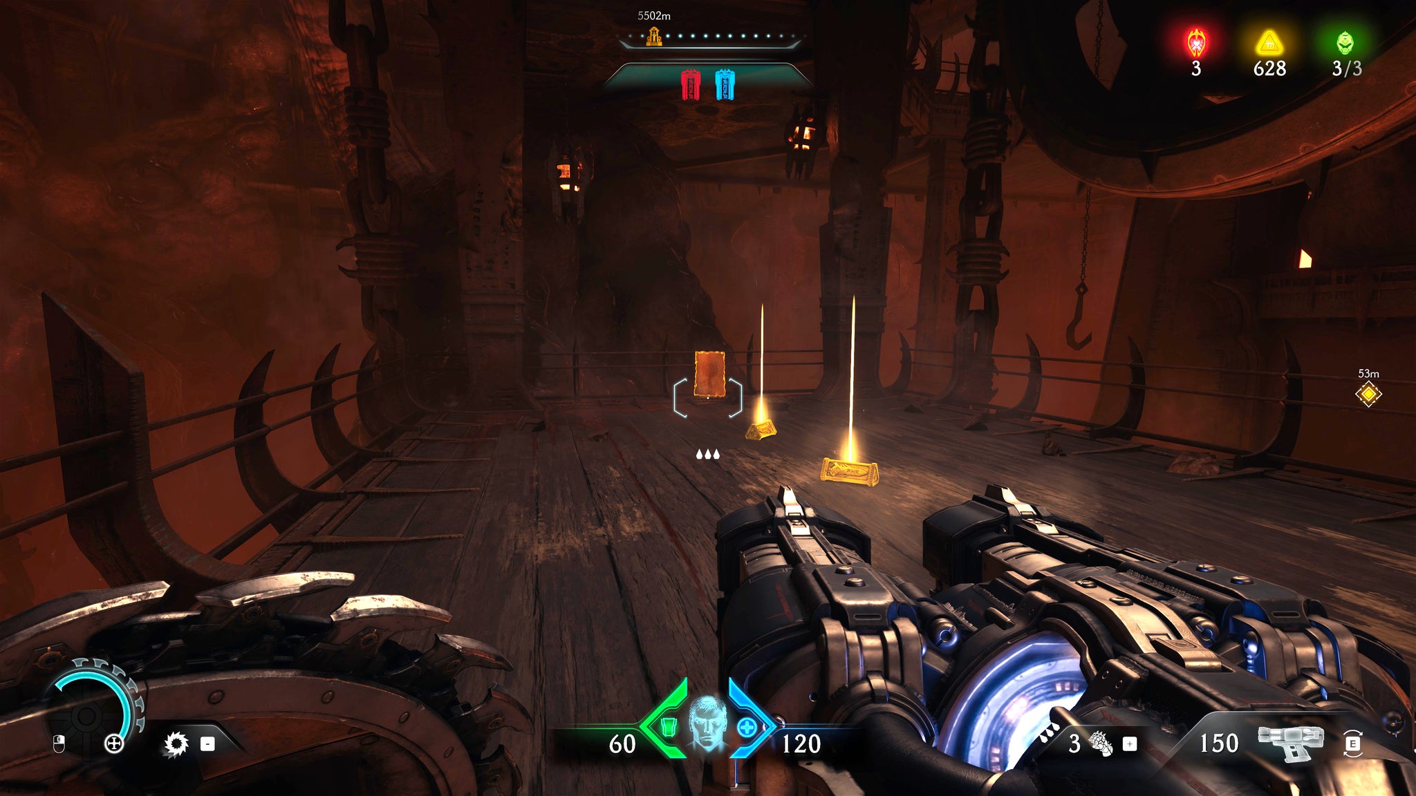 The player in Doom: The Dark Ages walks along a dimly lit ledge inside a Hell Carrier in Chapter 5, and towards a Codex Entry collectible pickup on the ground. - 44