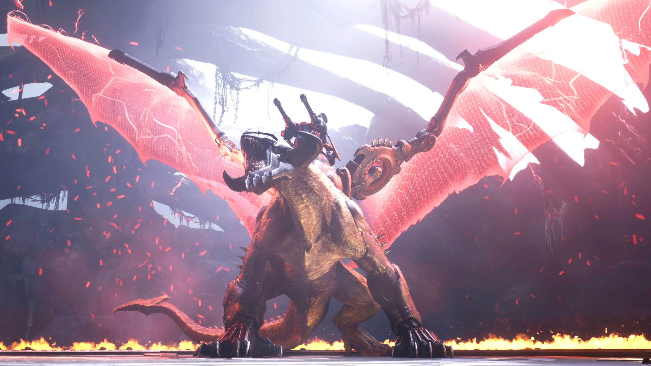 A cinematic shot of a Serrat Dragon stretching its red wings and roaring in Doom: The Dark Ages. - 1