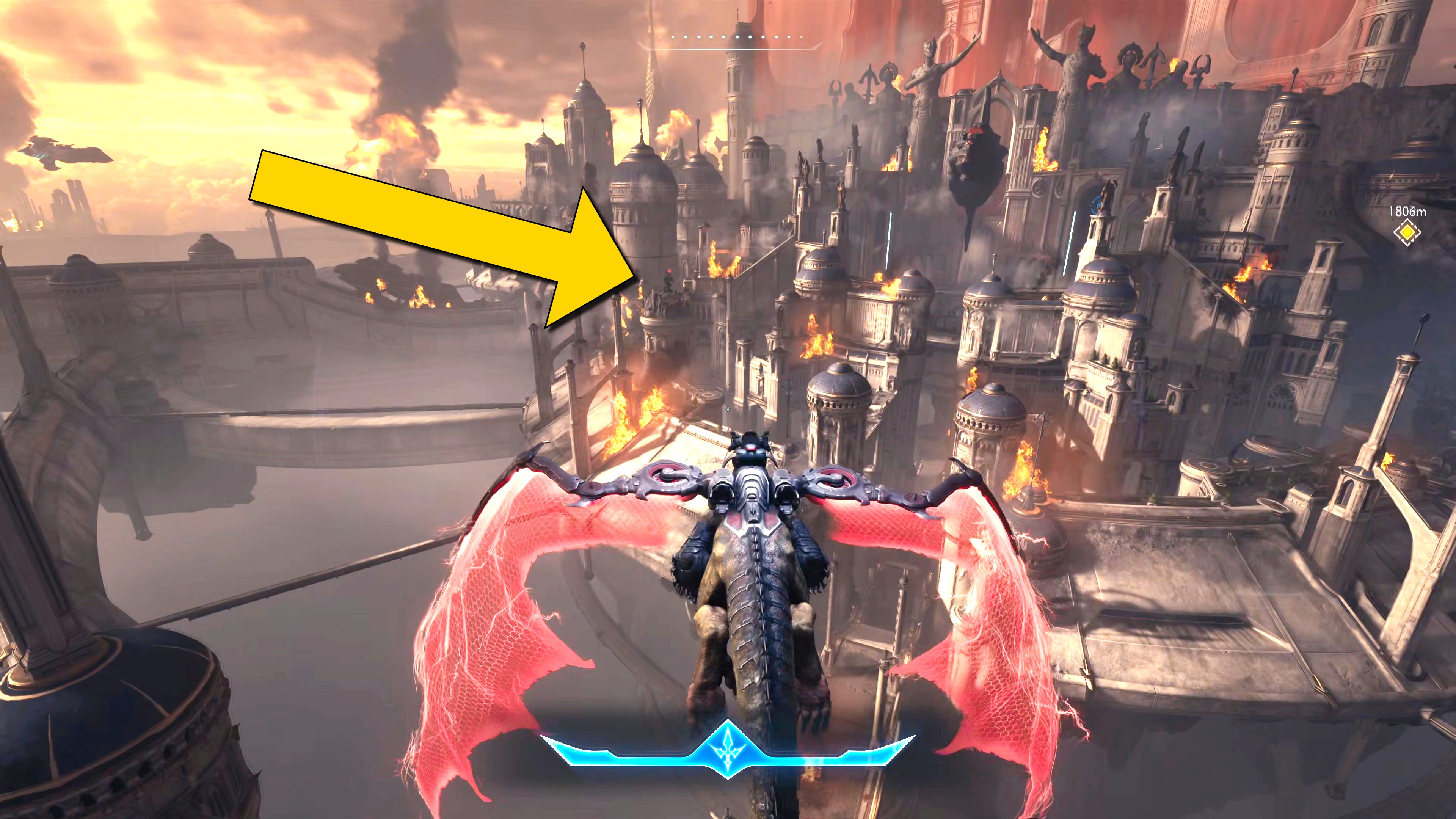 The player in Doom: The Dark Ages flies their Dragon towards a Titan on the outskirts of a city, as marked by a yellow arrow. - 3