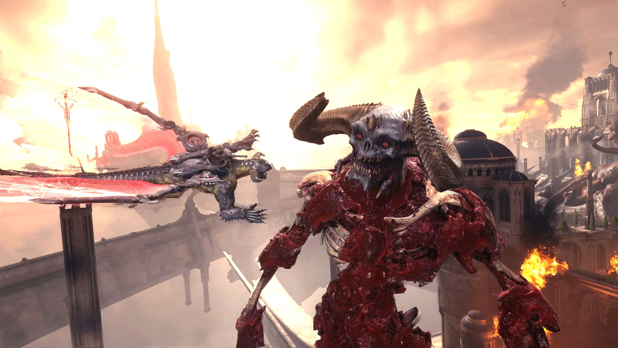 The player in Doom: The Dark Ages flies their Dragon towards a Titan demon's neck to execute them in Chapter 5. - 4