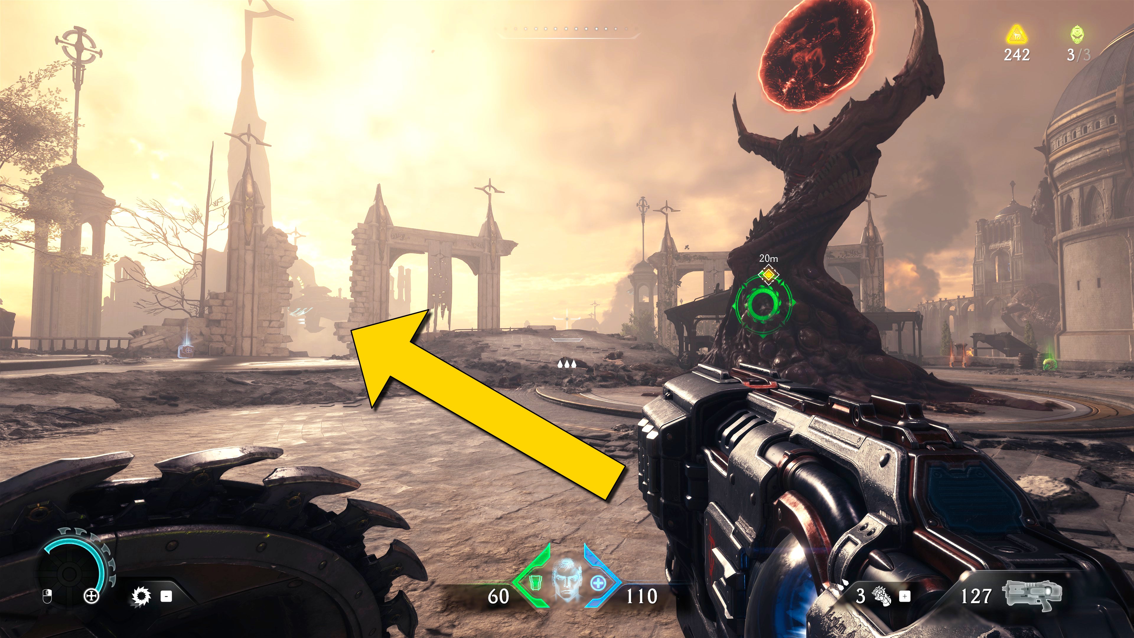 The player in Doom: The Dark Ages stands by a secret landing area in Chapter 5 out the outskirts of a city. A yellow arrow points towards the path to a secret nearby. - 5