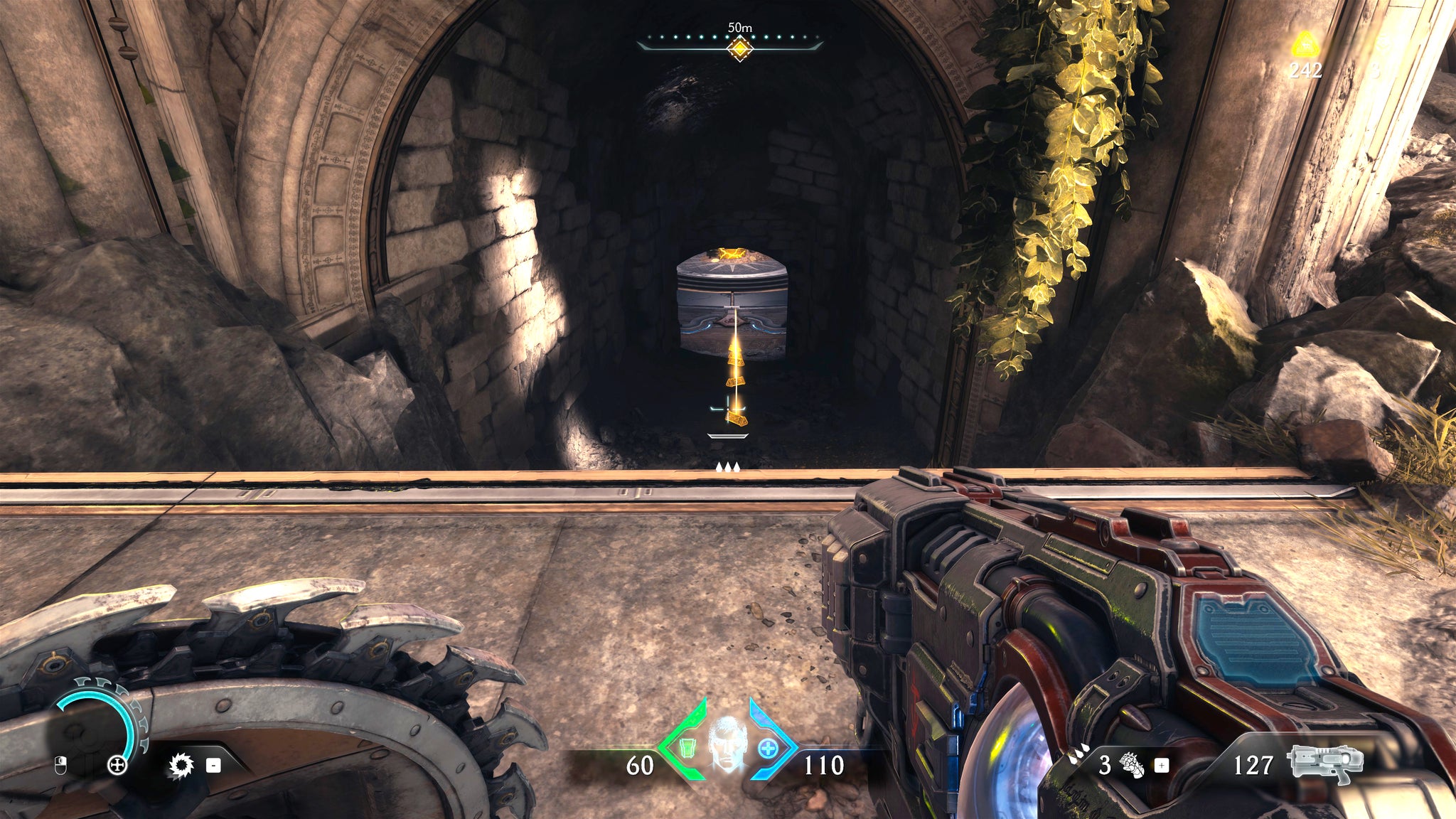 The player in Doom: The Dark Ages approaches a set of stairs through an archway lined with Gold, leading to an underground secret area in Chapter 5. - 6