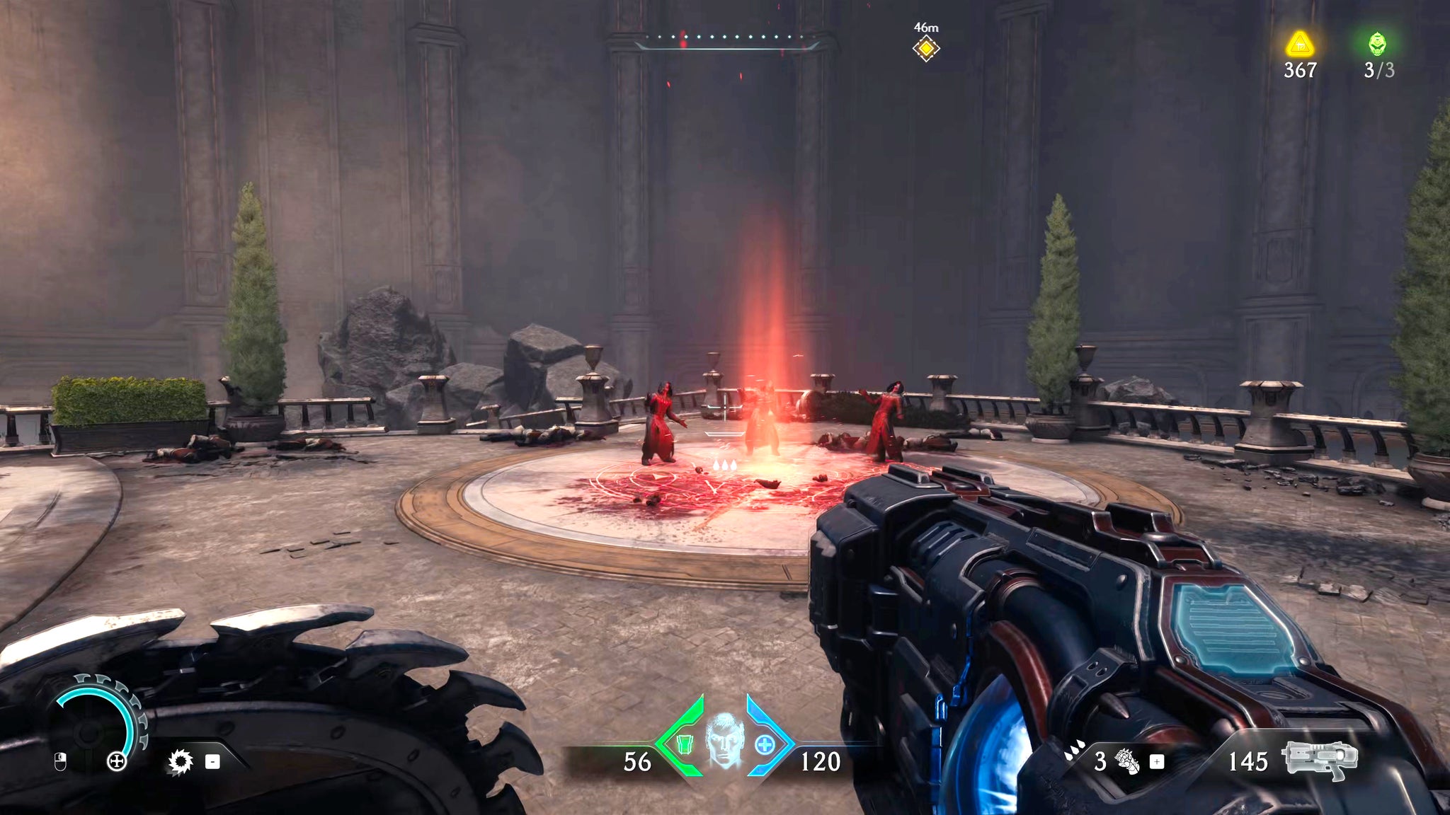 The player in Doom: The Dark Ages prepares to fire upon a group of enemy cultists performing a ritual in Chapter 5. - 8