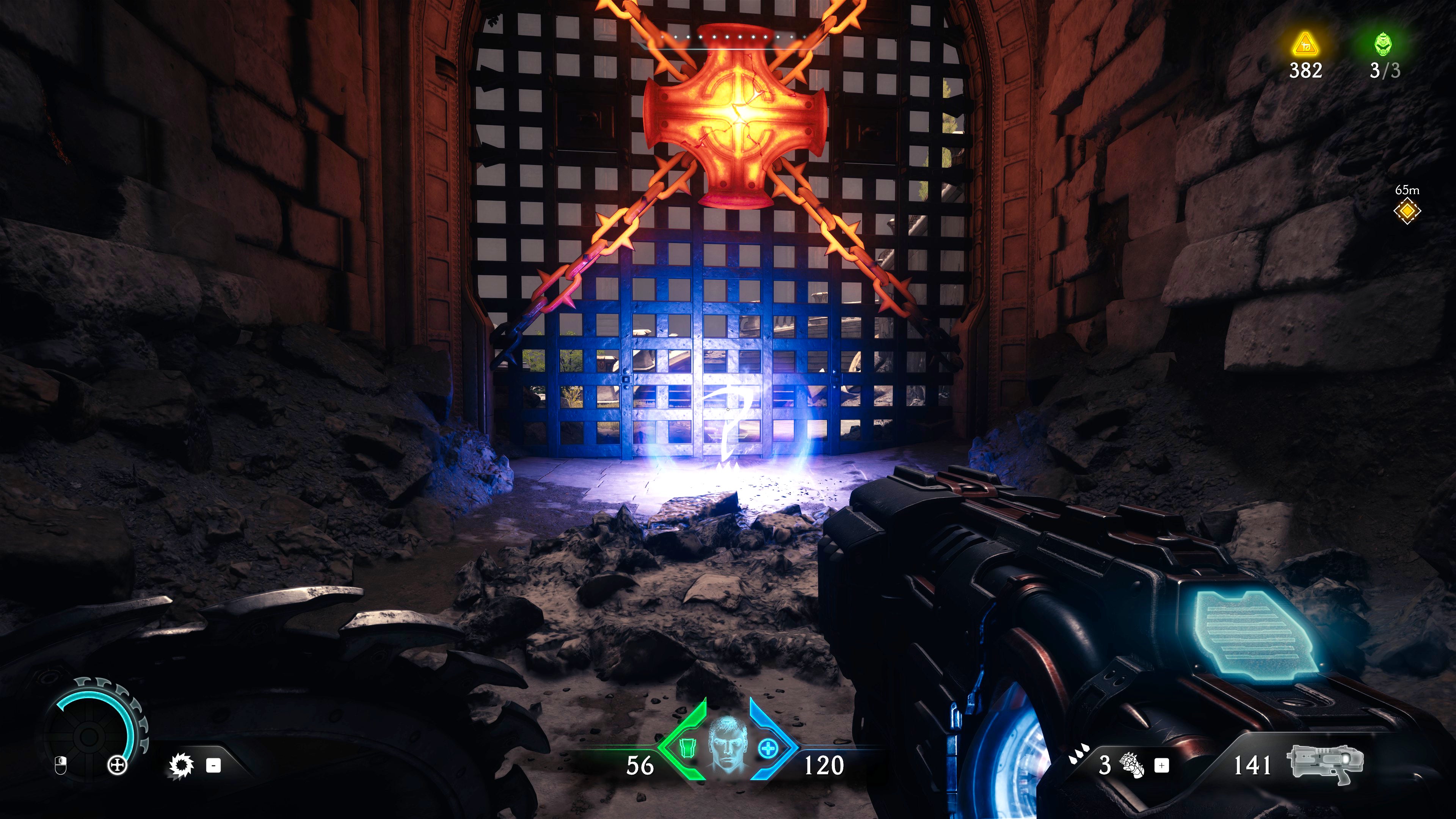 The player in Doom: The Dark Ages walks towards a collectible pickup on the floor in front of a locked gate in Chapter 5. - 10