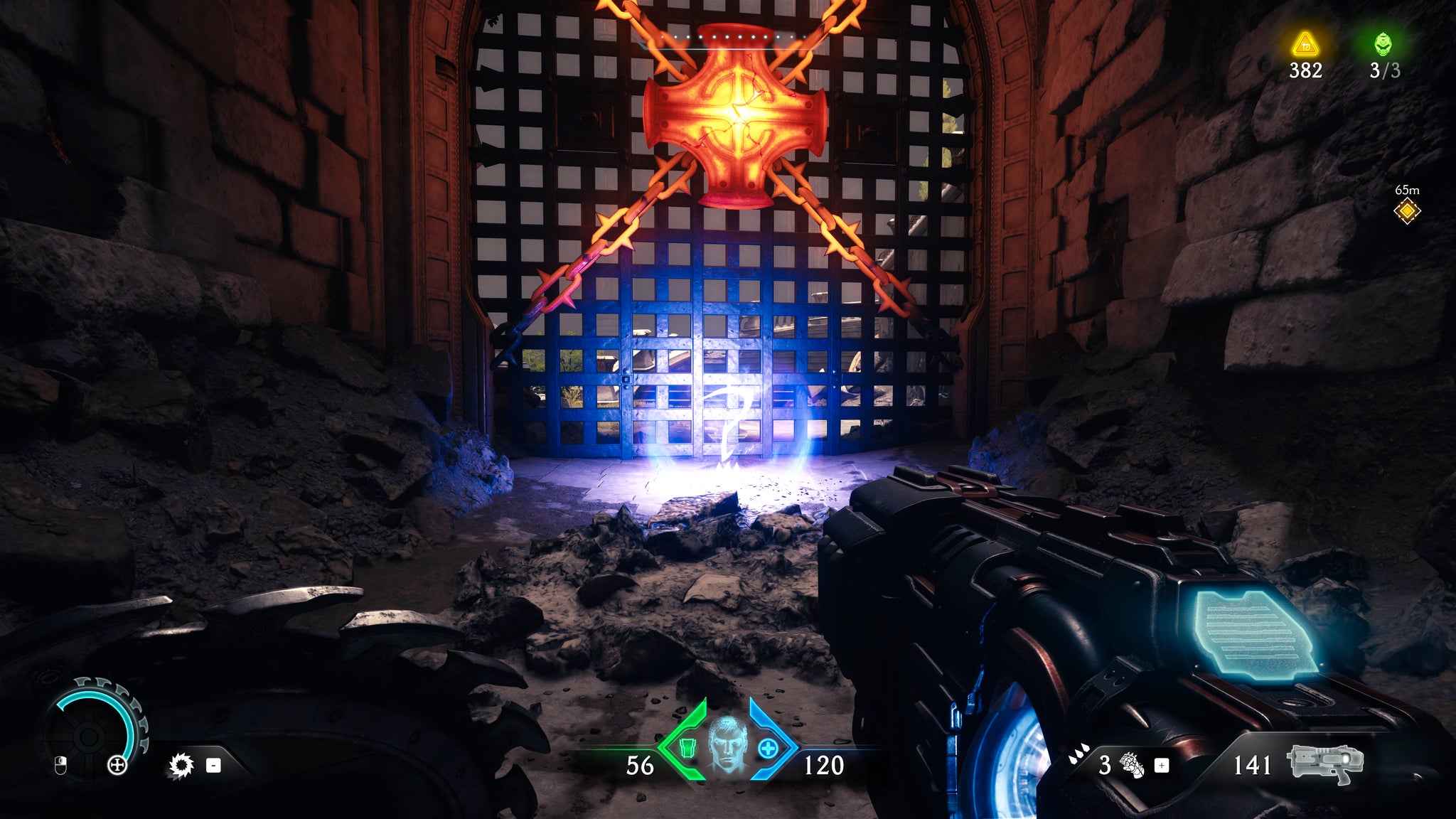 The player in Doom: The Dark Ages walks towards a collectible pickup on the floor in front of a locked gate in Chapter 5. - 10